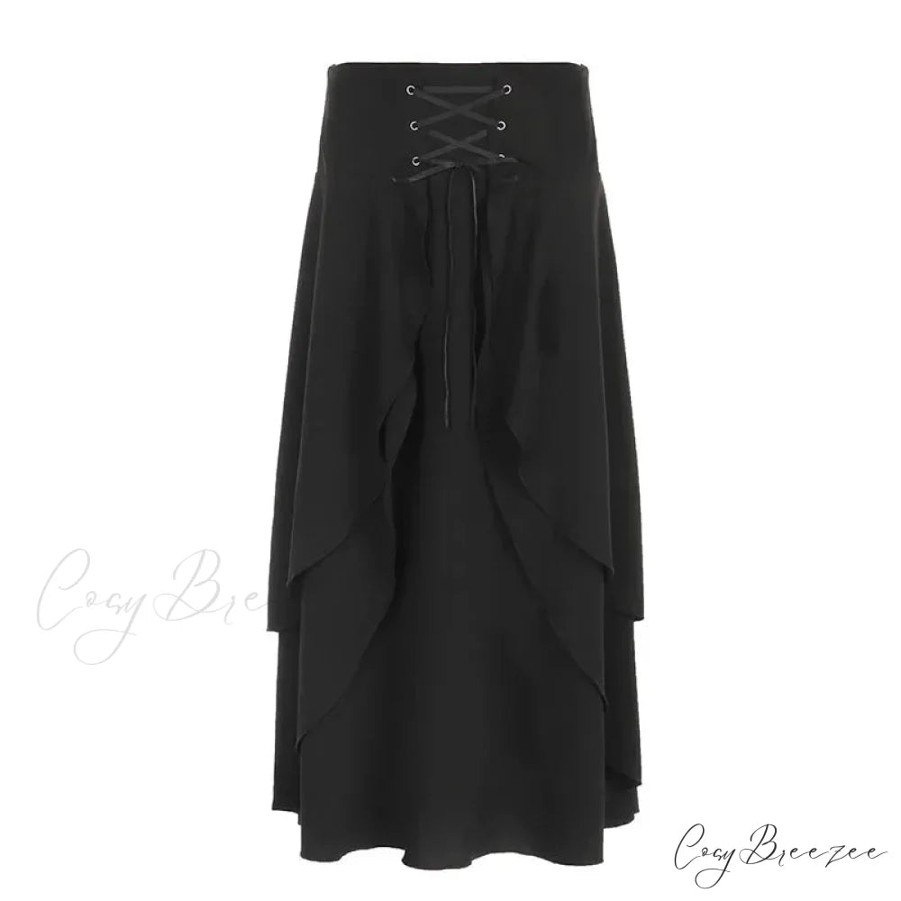 Women’s High Waist Layered Ruffle Maxi Cake Elegant Party Wedding Guest Y2K Solid Vintage Black A Line Skirt BLACK / S