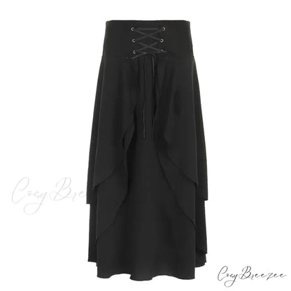 Women’s High Waist Layered Ruffle Maxi Cake Elegant Party Wedding Guest Y2K Solid Vintage Black A Line Skirt BLACK / S