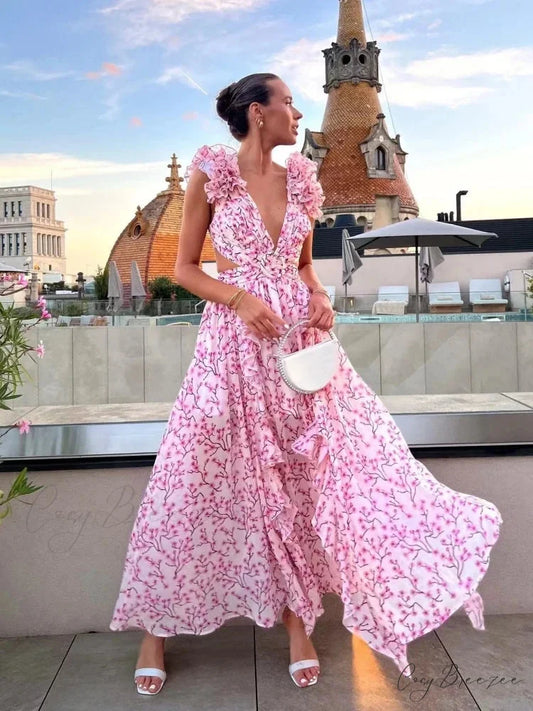 Women’s Holiday Party Dresses Sexy V Neck Backless Floral Ruffle Christmas Party Dress