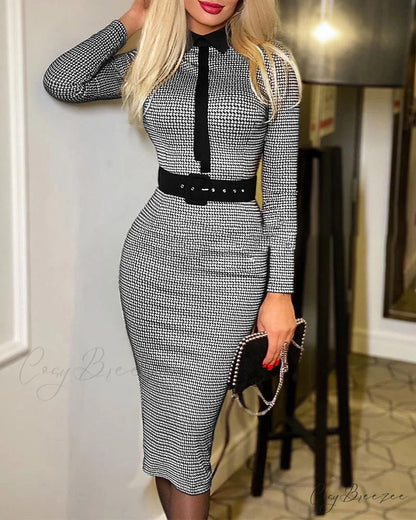 Women’s Houndstooth Print Long Sleeve Work Dress
