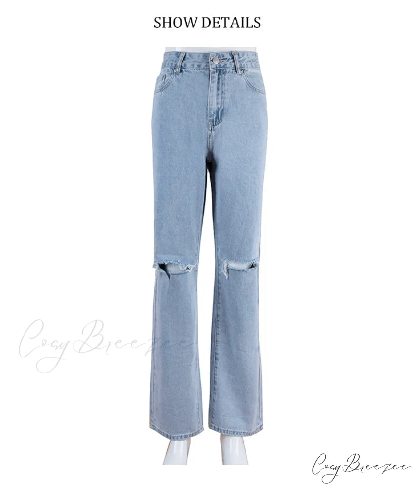Womens Jeans Blue Cotton Trousers Baggy Wide High Leg Ripped Denim Wash Warm-Season Casual Waist Pants