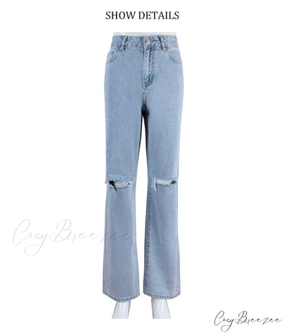 Womens Jeans Blue Cotton Trousers Baggy Wide High Leg Ripped Denim Wash Warm-Season Casual Waist Pants