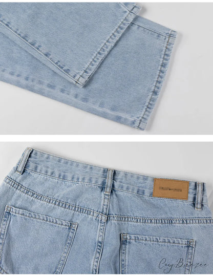 Womens Jeans Blue Cotton Trousers Baggy Wide High Leg Ripped Denim Wash Warm-Season Casual Waist Pants