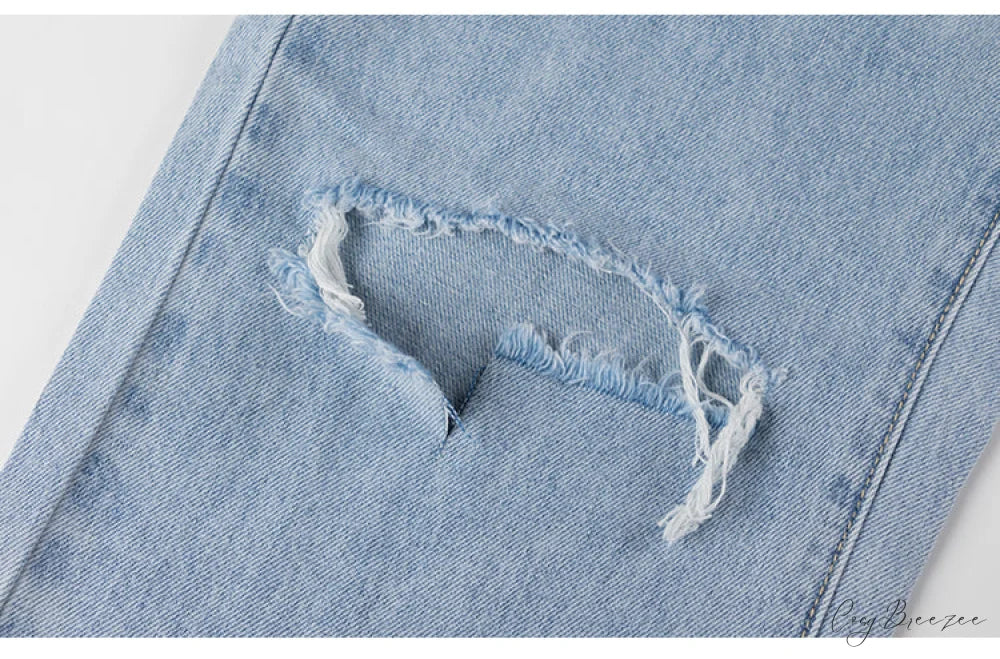 Womens Jeans Blue Cotton Trousers Baggy Wide High Leg Ripped Denim Wash Warm-Season Casual Waist Pants