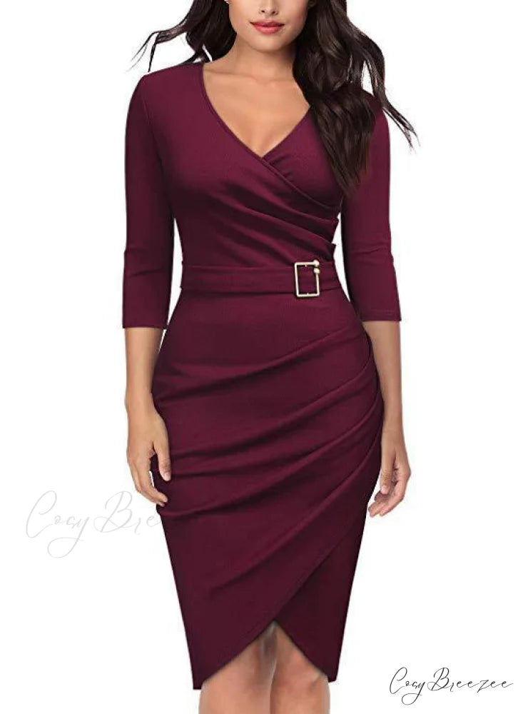 Women’s Knee Party Length V-Neck Elegant Dress Wine red / S