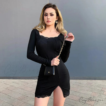 Women’s Lace Patchwork Long Sleeve Split Mini Dress