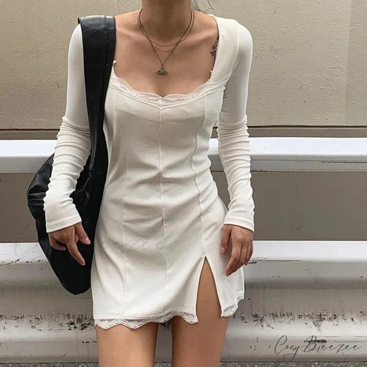 Women’s Lace Patchwork Long Sleeve Split Mini Dress