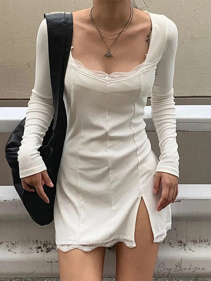 Women’s Lace Patchwork Long Sleeve Split Mini Dress WHITE / S