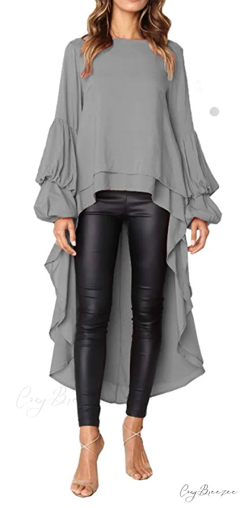 Women’s Lantern Sleeve Round Neck High Low Asymmetrical Hem Casual Blouse Dress L / ARMY GREEN