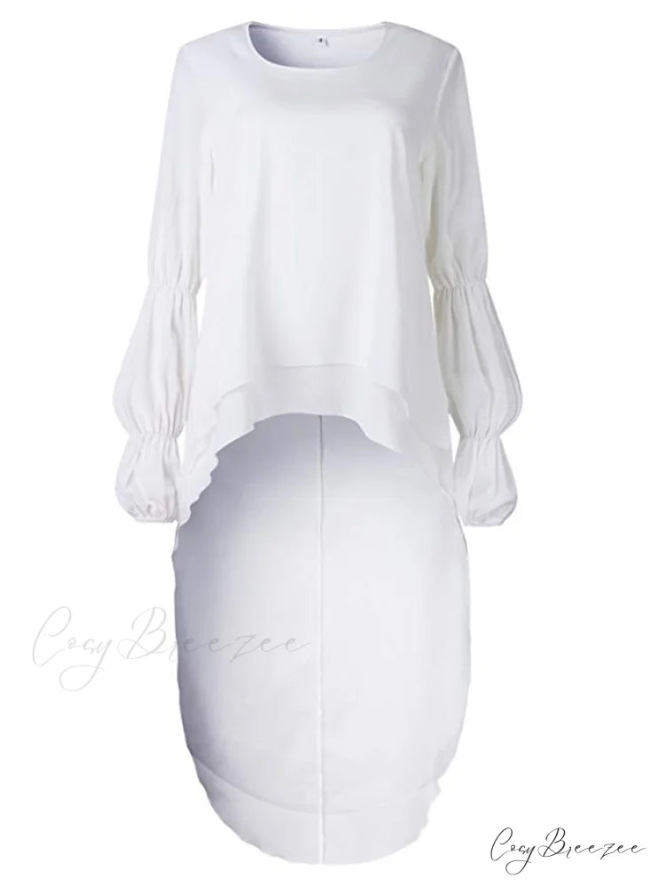Women’s Lantern Sleeve Round Neck High Low Asymmetrical Hem Casual Blouse Dress L / BLACK