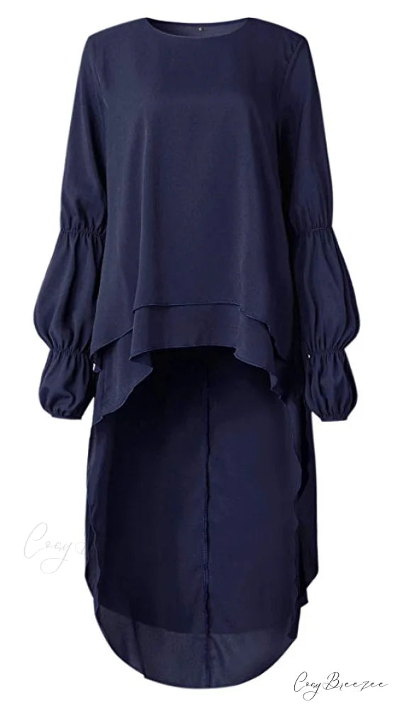 Women’s Lantern Sleeve Round Neck High Low Asymmetrical Hem Casual Blouse Dress L / GREY