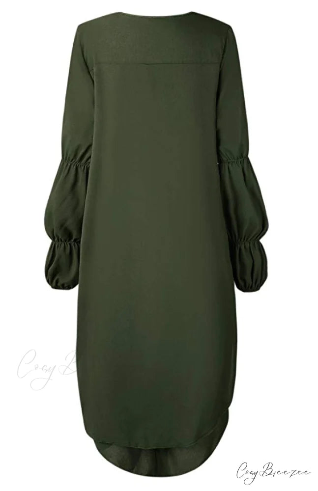 Women’s Lantern Sleeve Round Neck High Low Asymmetrical Hem Casual Blouse Dress L / NAVY