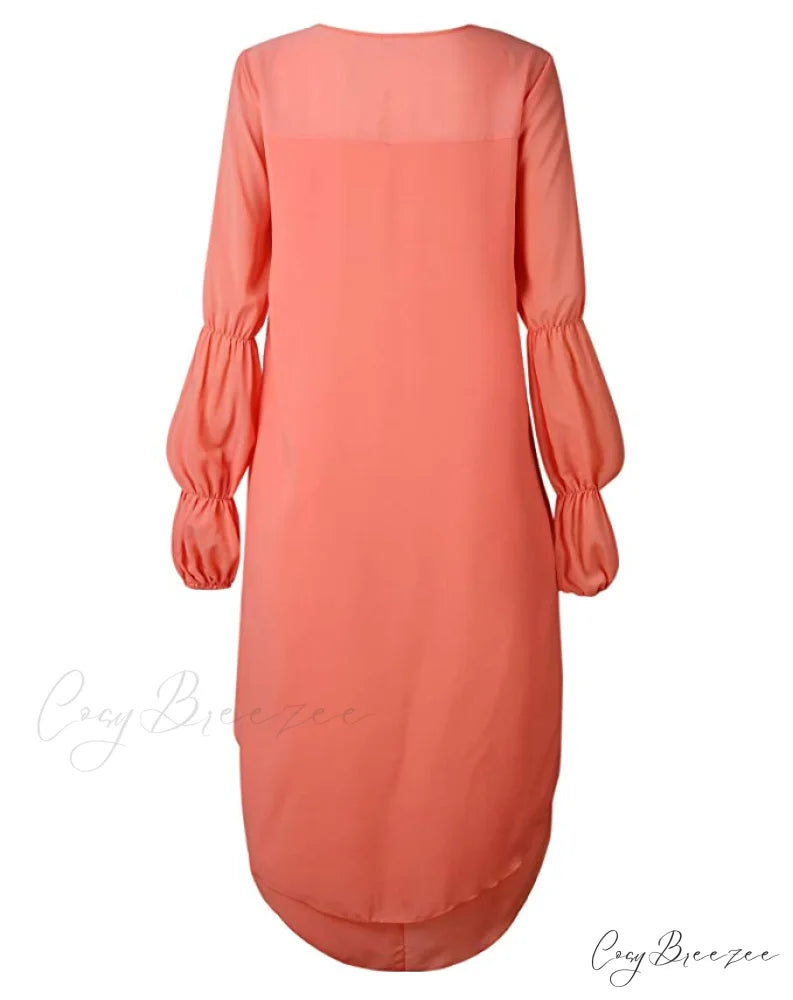 Women’s Lantern Sleeve Round Neck High Low Asymmetrical Hem Casual Blouse Dress L / ORANGE