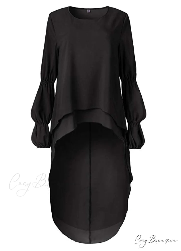 Women’s Lantern Sleeve Round Neck High Low Asymmetrical Hem Casual Blouse Dress L / WINE RED