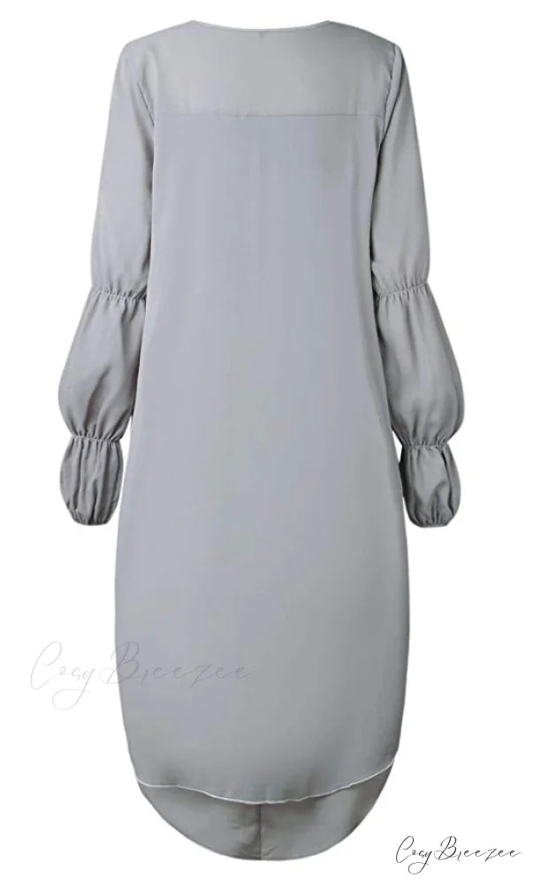 Women’s Lantern Sleeve Round Neck High Low Asymmetrical Hem Casual Blouse Dress M / BLACK