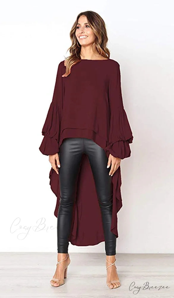 Women’s Lantern Sleeve Round Neck High Low Asymmetrical Hem Casual Blouse Dress M / GREY