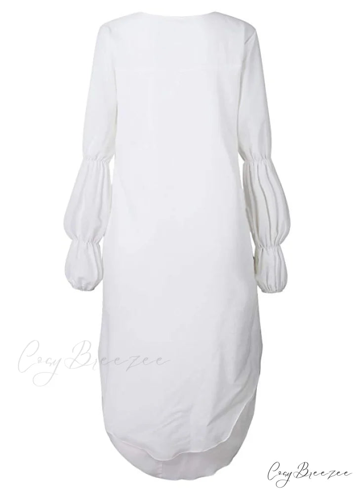 Women’s Lantern Sleeve Round Neck High Low Asymmetrical Hem Casual Blouse Dress M / NAVY