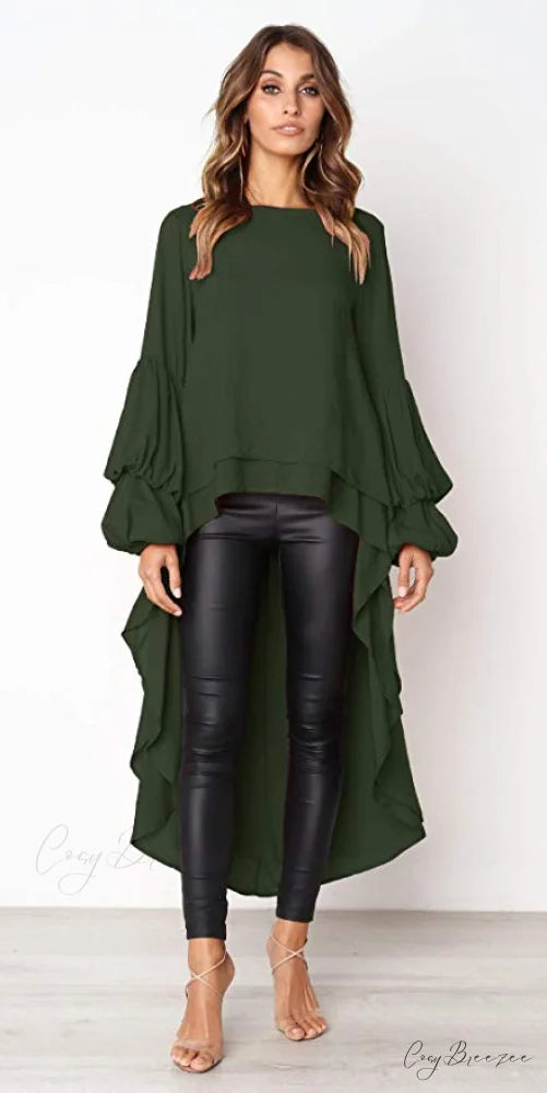 Women’s Lantern Sleeve Round Neck High Low Asymmetrical Hem Casual Blouse Dress M / ORANGE