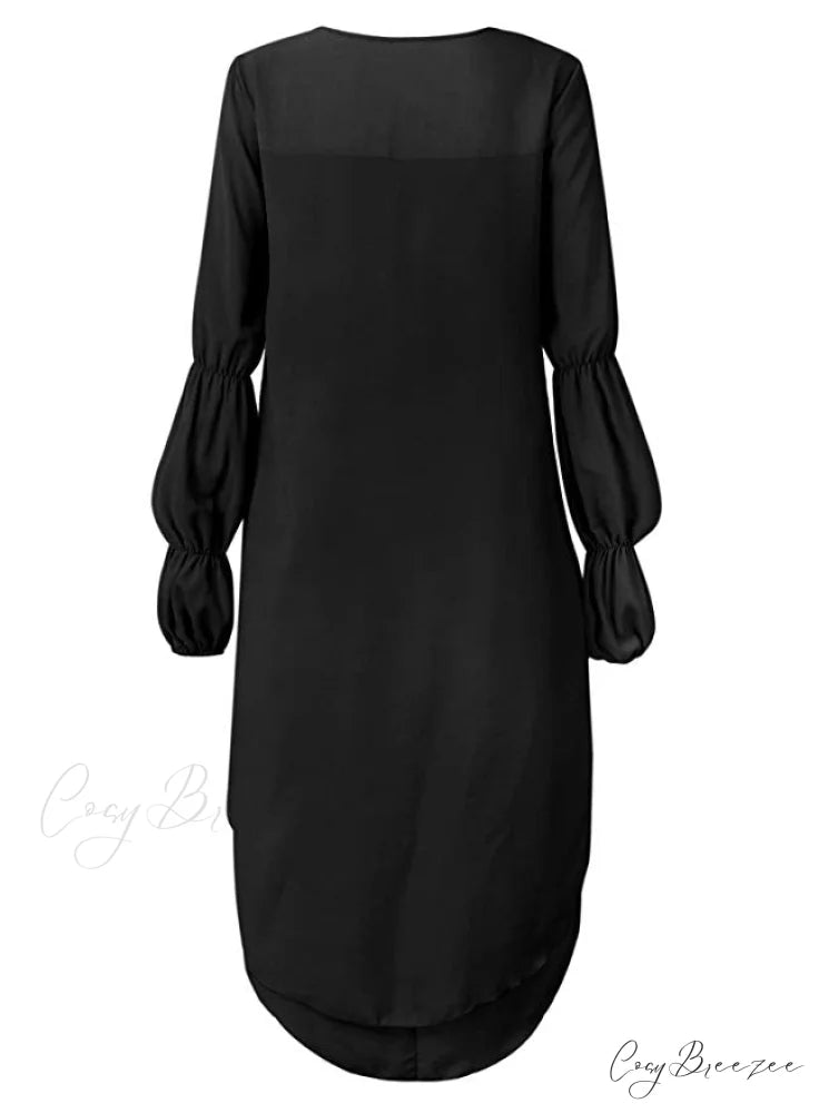 Women’s Lantern Sleeve Round Neck High Low Asymmetrical Hem Casual Blouse Dress M / WHITE