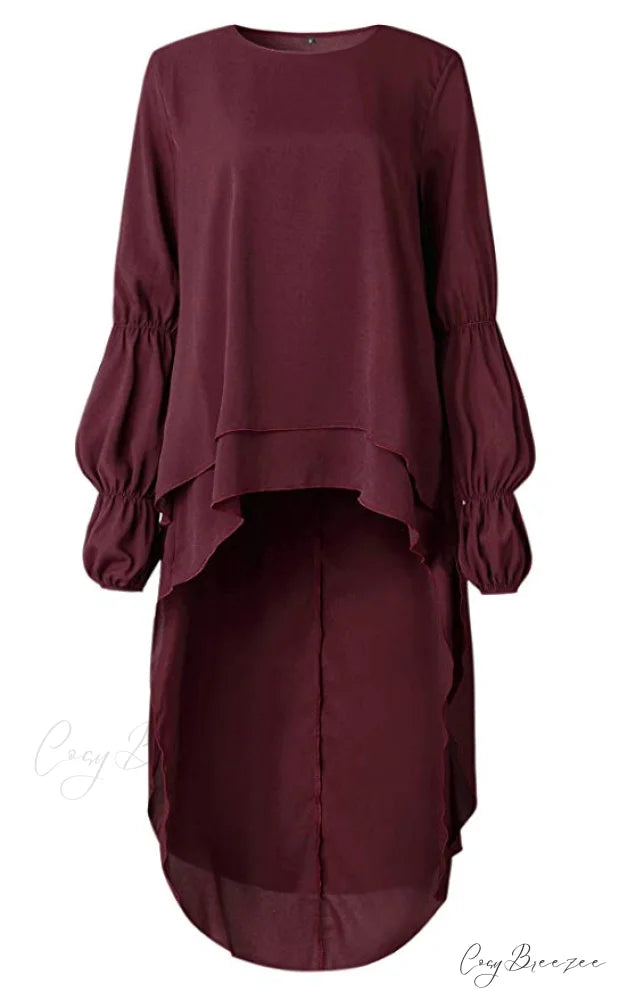 Women’s Lantern Sleeve Round Neck High Low Asymmetrical Hem Casual Blouse Dress M / WINE RED