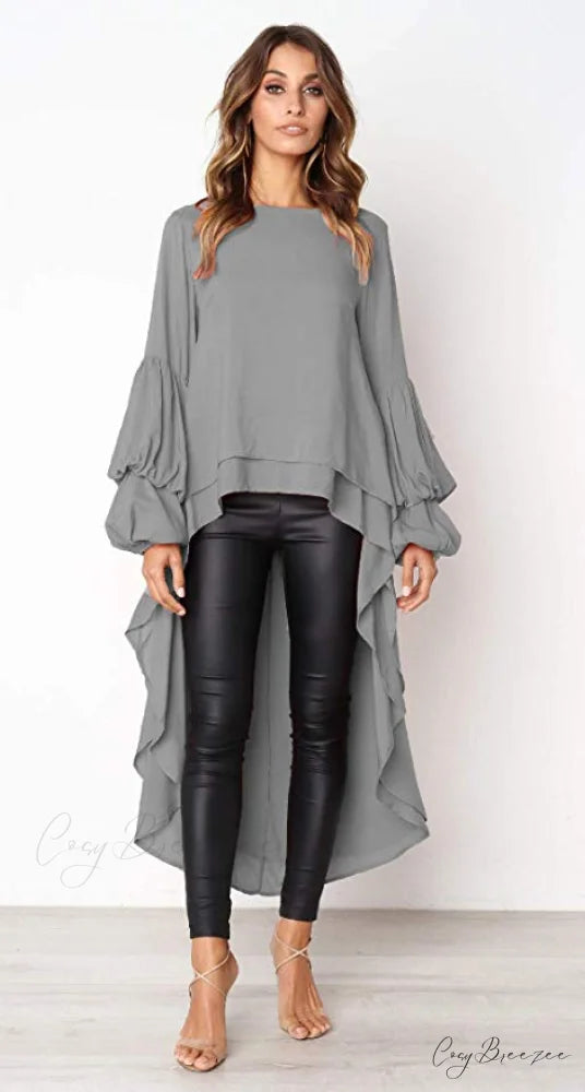Women’s Lantern Sleeve Round Neck High Low Asymmetrical Hem Casual Blouse Dress S / BLACK