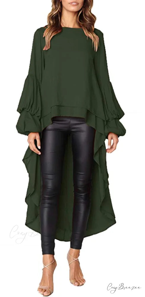 Women’s Lantern Sleeve Round Neck High Low Asymmetrical Hem Casual Blouse Dress S / GREY