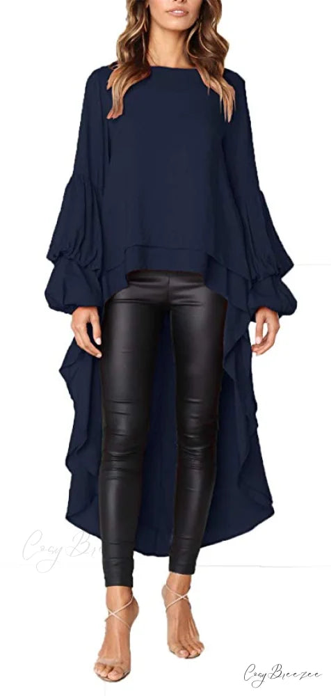 Women’s Lantern Sleeve Round Neck High Low Asymmetrical Hem Casual Blouse Dress S / ORANGE