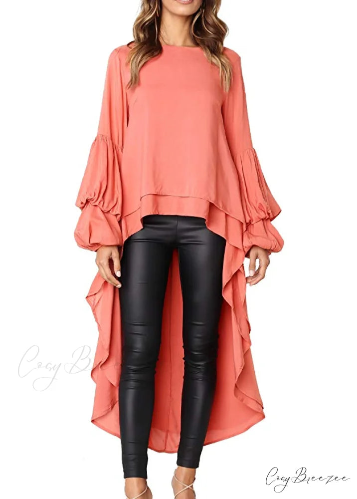 Women’s Lantern Sleeve Round Neck High Low Asymmetrical Hem Casual Blouse Dress S / WHITE
