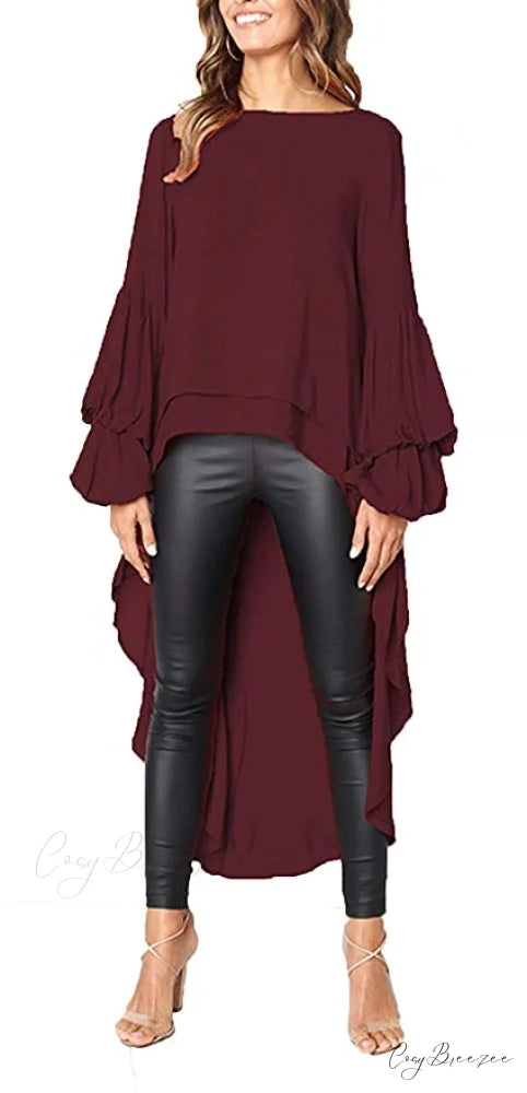 Women’s Lantern Sleeve Round Neck High Low Asymmetrical Hem Casual Blouse Dress S / WINE RED
