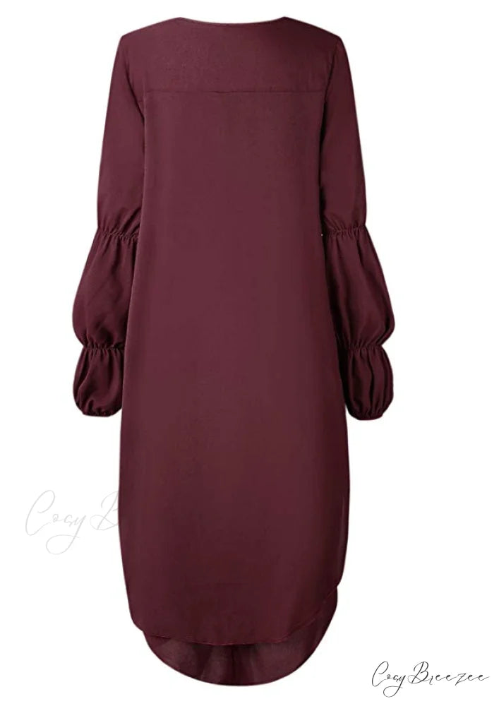 Women’s Lantern Sleeve Round Neck High Low Asymmetrical Hem Casual Blouse Dress XL / BLACK