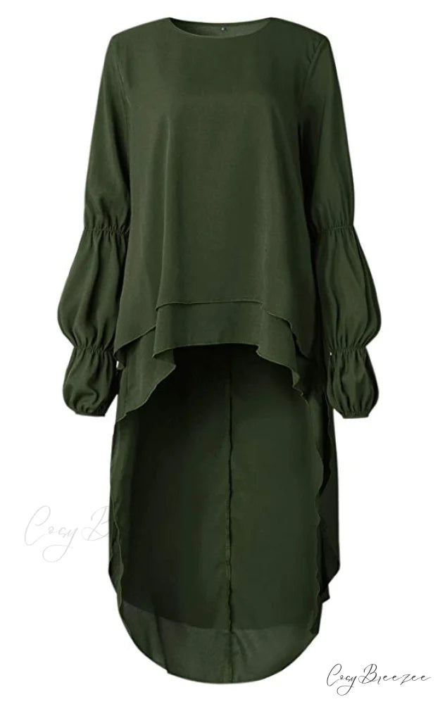 Women’s Lantern Sleeve Round Neck High Low Asymmetrical Hem Casual Blouse Dress XL / GREY