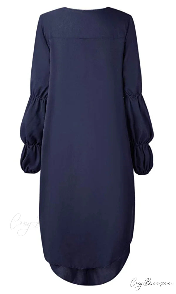 Women’s Lantern Sleeve Round Neck High Low Asymmetrical Hem Casual Blouse Dress XL / NAVY