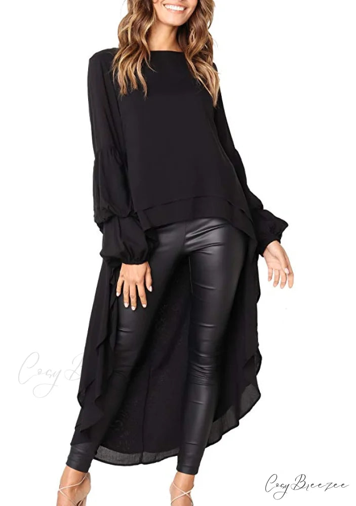 Women’s Lantern Sleeve Round Neck High Low Asymmetrical Hem Casual Blouse Dress XL / ORANGE