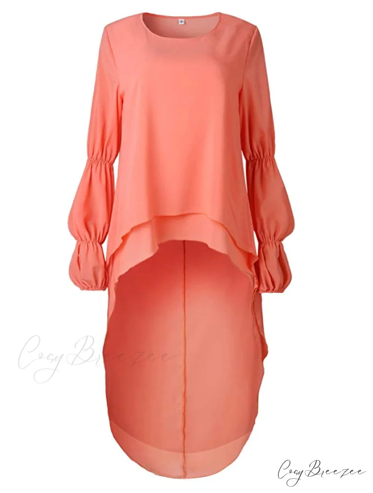 Women’s Lantern Sleeve Round Neck High Low Asymmetrical Hem Casual Blouse Dress XL / WINE RED