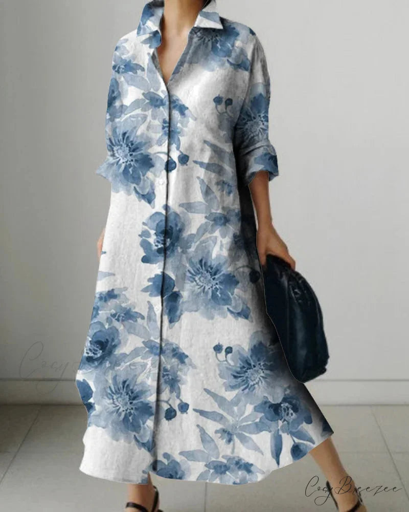 Women’s Lapel Long Sleeve Floral Print Shirt Dress color10 / S oldfloraldress-250126