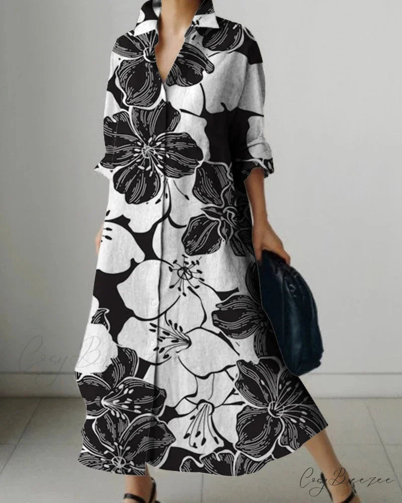 Women’s Lapel Long Sleeve Floral Print Shirt Dress color4 / S oldfloraldress-250126