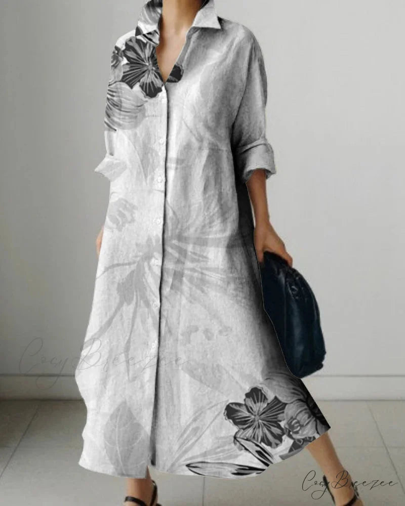 Women’s Lapel Long Sleeve Floral Print Shirt Dress color5 / S oldfloraldress-250126