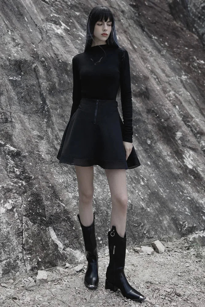 Women’s Large-hole Mesh Stitching Sun-hem Twill Chiffon Gothic Daily Black Women Mini Skirt BLACK / S