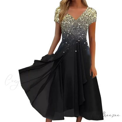 Women’s Long Chiffon Stitching Lace Female Bridesmaids Elegant Maxi Pure Color Round Neck Long Vestidos Dress BLACK / S