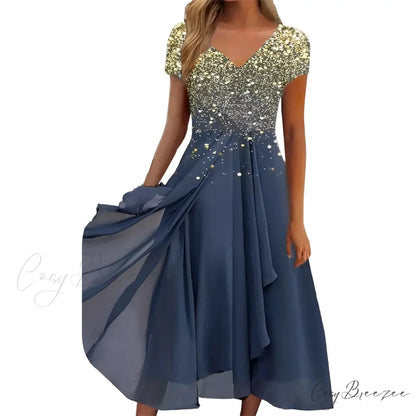 Women’s Long Chiffon Stitching Lace Female Bridesmaids Elegant Maxi Pure Color Round Neck Long Vestidos Dress GOLD / S