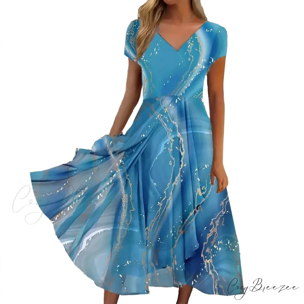Women’s Long Chiffon Stitching Lace Female Bridesmaids Elegant Maxi Pure Color Round Neck Long Vestidos Dress Sky Blue