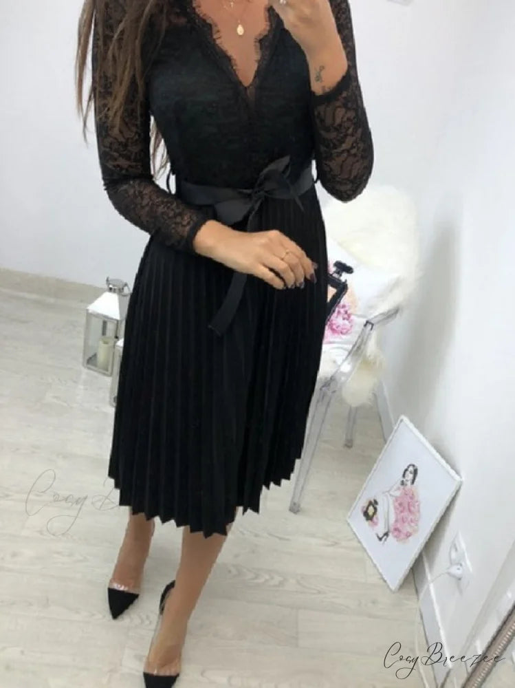 Women’s Long Sleeve Casual Lace Pleated Black Ribbon Hollow Chiffon Midi Dress