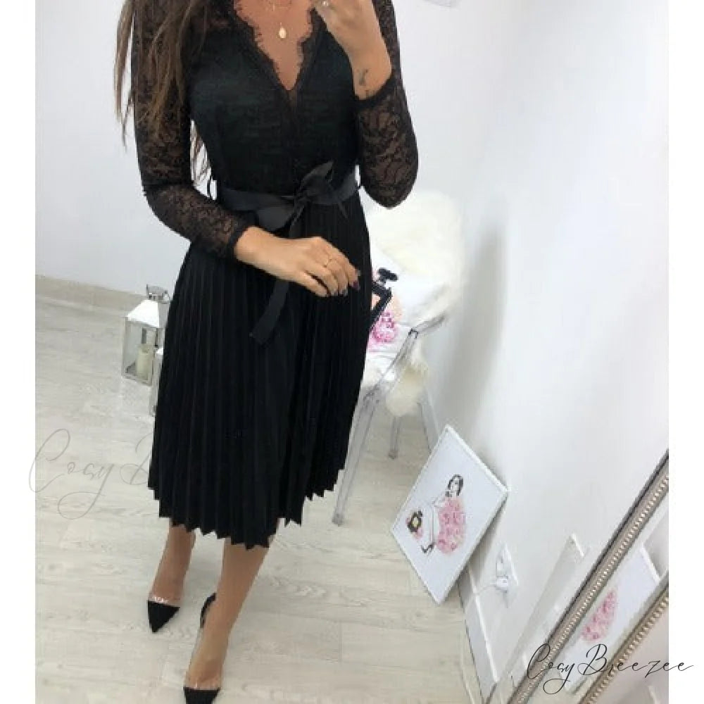 Women’s Long Sleeve Casual Lace Pleated Black Ribbon Hollow Chiffon Midi Dress