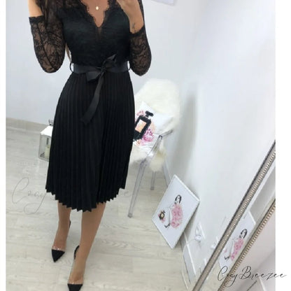 Women’s Long Sleeve Casual Lace Pleated Black Ribbon Hollow Chiffon Midi Dress