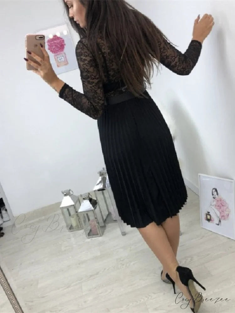 Women’s Long Sleeve Casual Lace Pleated Black Ribbon Hollow Chiffon Midi Dress