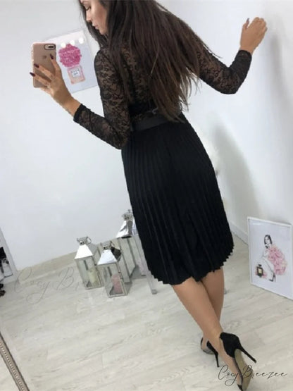 Women’s Long Sleeve Casual Lace Pleated Black Ribbon Hollow Chiffon Midi Dress