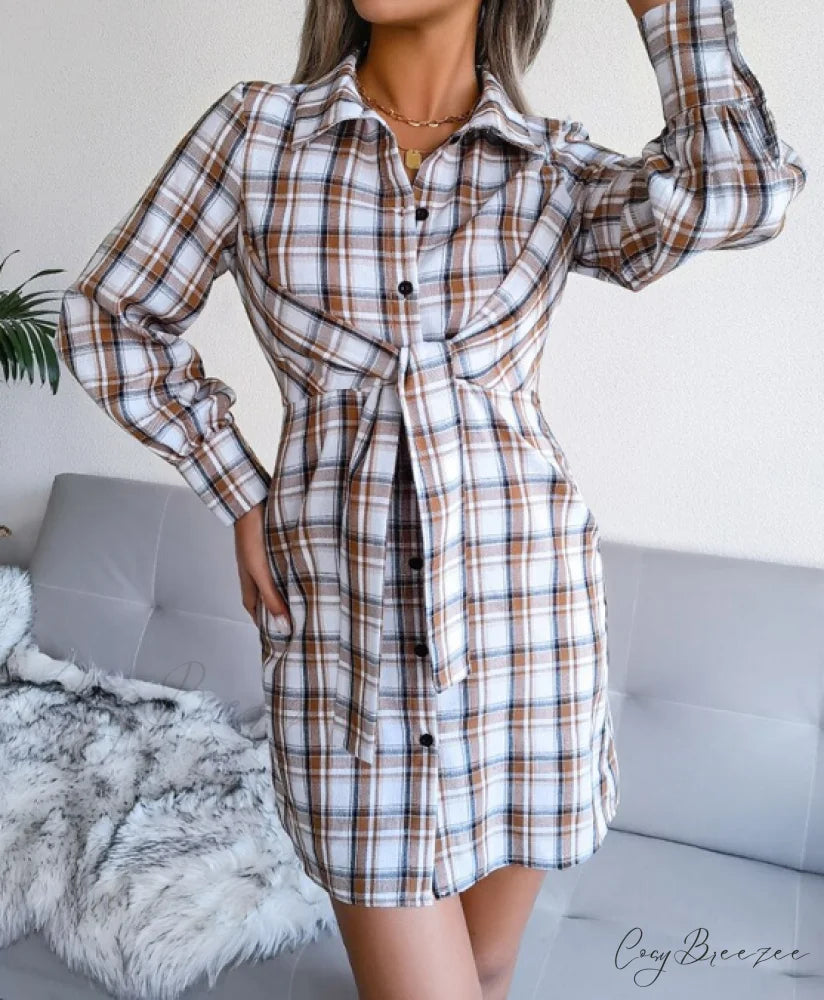 Women’s Long Sleeve Lace-Up Shirt Dress - Single-Breasted Cotton Linen Autumn Print L / BLUE