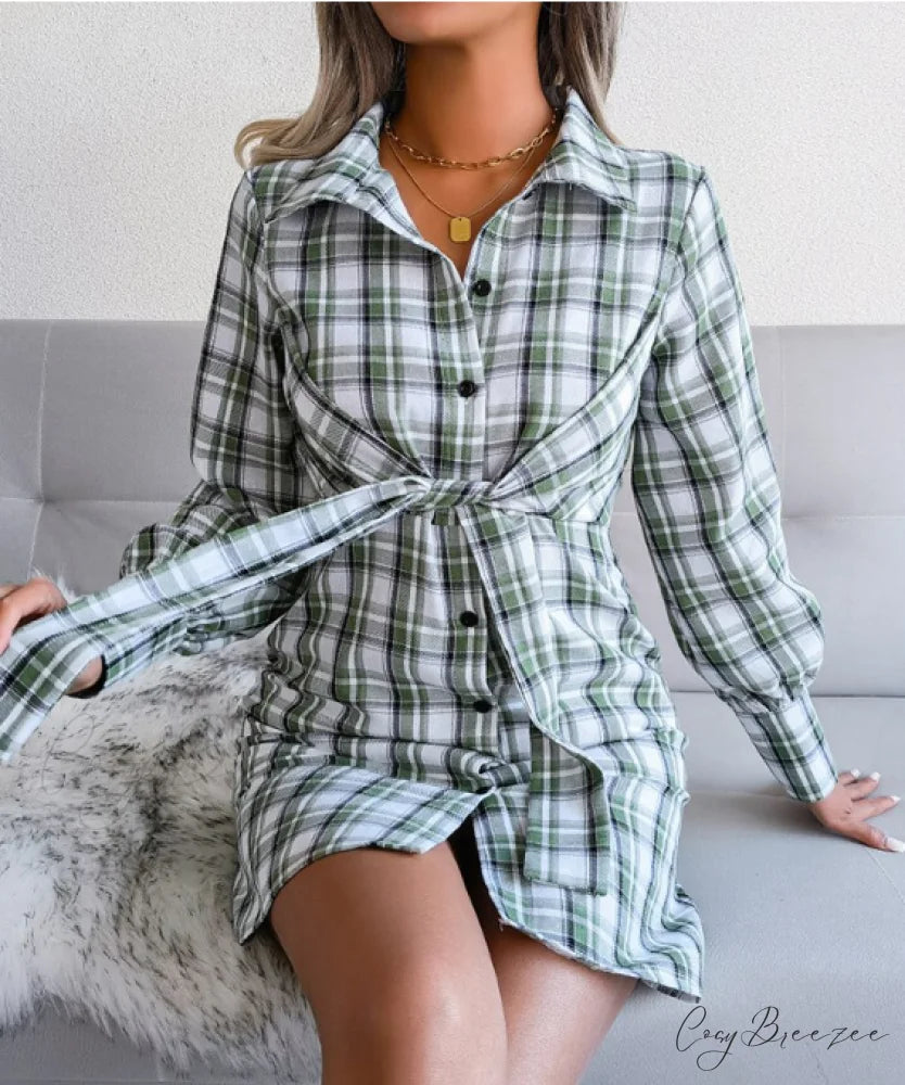 Women’s Long Sleeve Lace-Up Shirt Dress - Single-Breasted Cotton Linen Autumn Print L / KHAKI