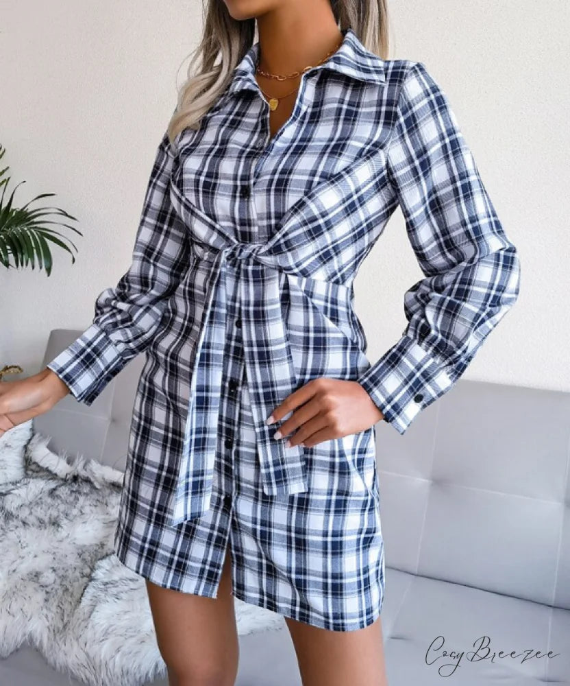 Women’s Long Sleeve Lace-Up Shirt Dress - Single-Breasted Cotton Linen Autumn Print S / GREEN