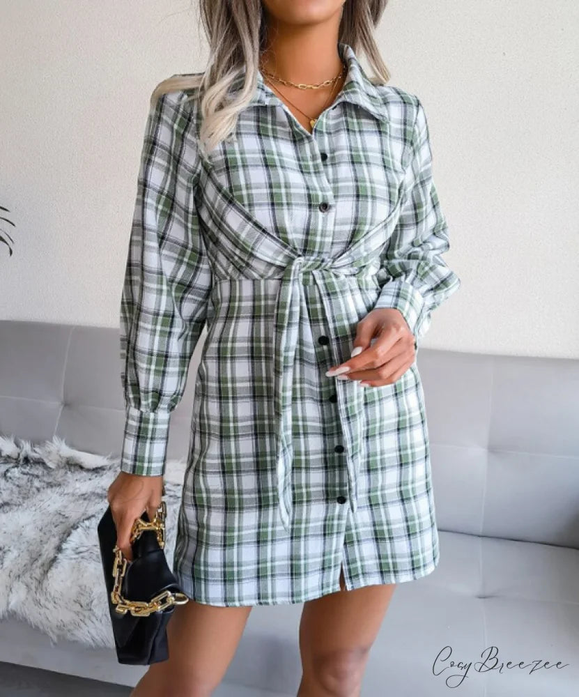 Women’s Long Sleeve Lace-Up Shirt Dress - Single-Breasted Cotton Linen Autumn Print XL / GREEN